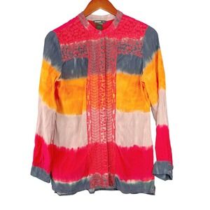 Desigual Silk Button Down Shirt Womens XL Red Tie Dye Embroidered Long Sleeve